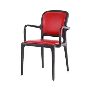 Kursi Makan Kayu Abu Hitam Pelapis Merah Vintage